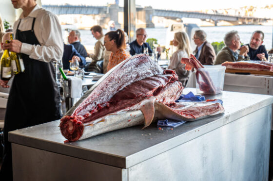 Stor tun skæres ved bord i restaurant ved vandet